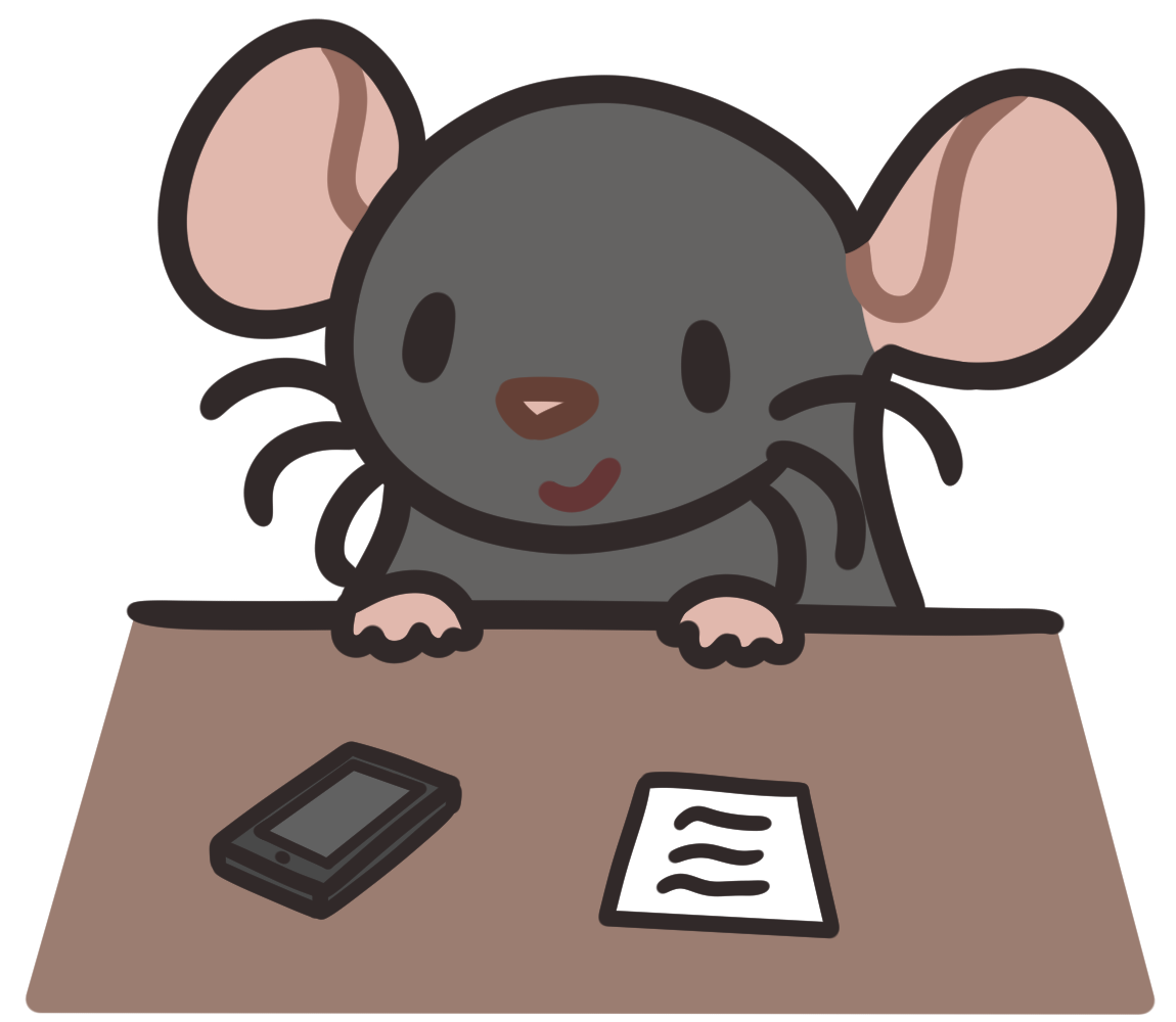 a rat looking at a piece of paper and a phone on a table