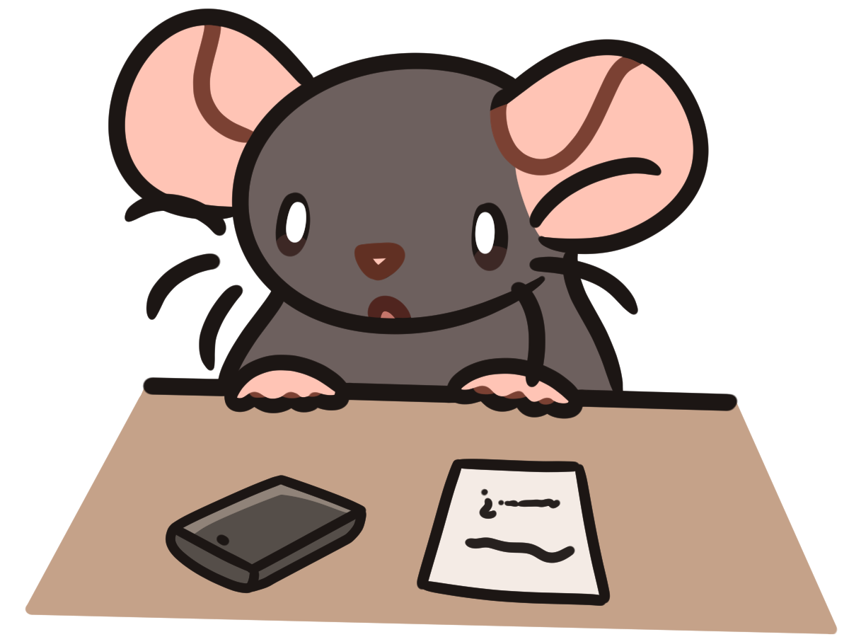 a rat looking at a piece of paper and a phone on a table